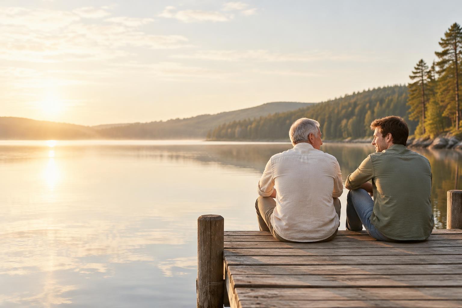 A father and adult son sharing a quiet moment beside a lake